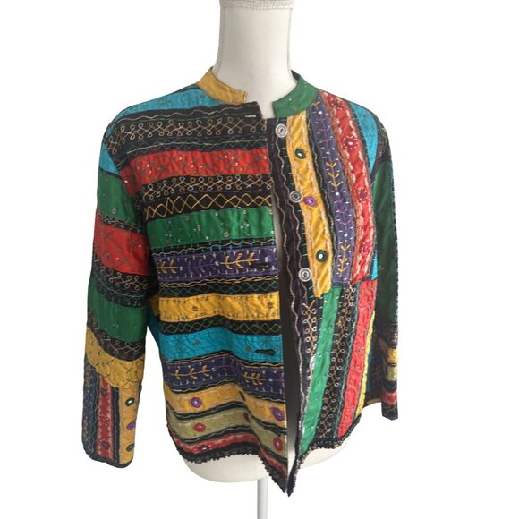 CHICOS Multicolor Striped 100% Cotton Jacket Blazer Size Chicos 1 US M 8 - Picture 3 of 6